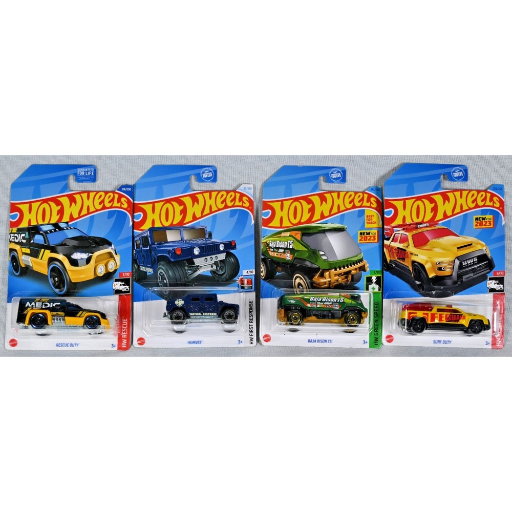 NEW Lot of 4 Hot Wheels First Responder Vehicles Rescue Humvee Baja Bison Surf